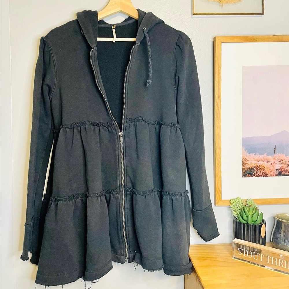 free people black tiered hooded jacket